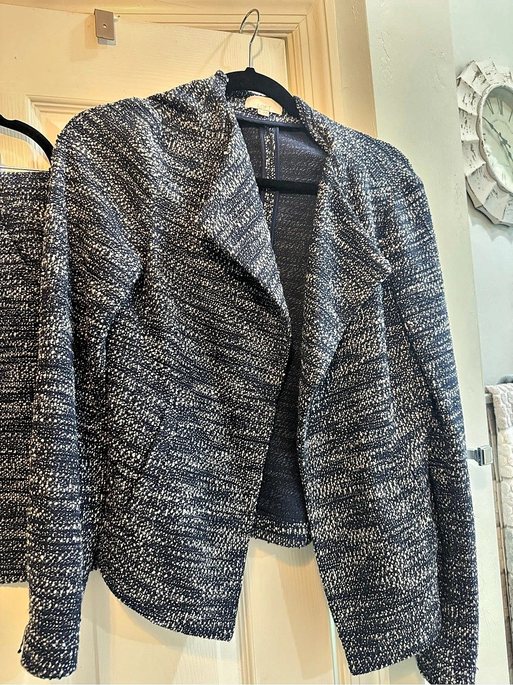 LOFT Bouclé Jacket & Skirt Set in Blue & White Size Medium